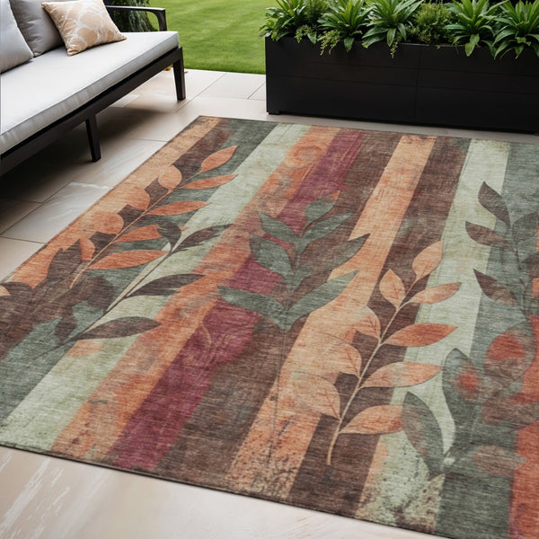 HomeRoots 5' Terra Cotta and Sage Floral Indoor Outdoor Area Rug - Durable, Washable, Timeless Charm! 5' X 8' 623462