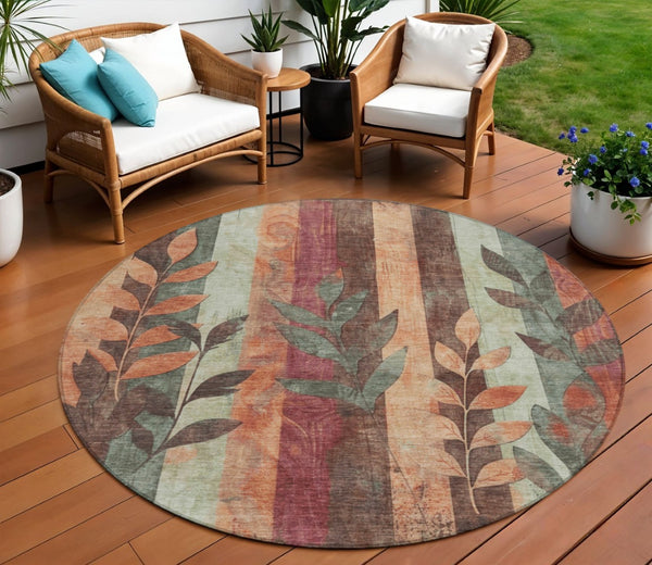 HomeRoots 5' Terra Cotta and Sage Floral Indoor Outdoor Area Rug - Durable, Washable, Timeless Charm! 8' Round 623463