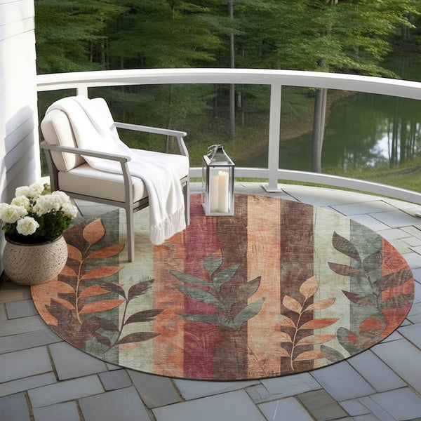 HomeRoots 5' Terra Cotta and Sage Floral Indoor Outdoor Area Rug - Durable, Washable, Timeless Charm! 8' Round 623463