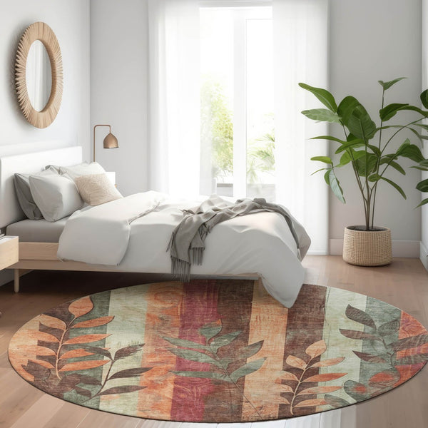 HomeRoots 5' Terra Cotta and Sage Floral Indoor Outdoor Area Rug - Durable, Washable, Timeless Charm! 8' Round 623463
