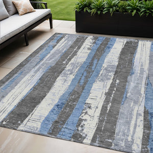 HomeRoots 5' Denim Blue and Gray Striped Washable Area Rug for Indoor and Outdoor Spaces, Durable Design 5' X 8' 623486
