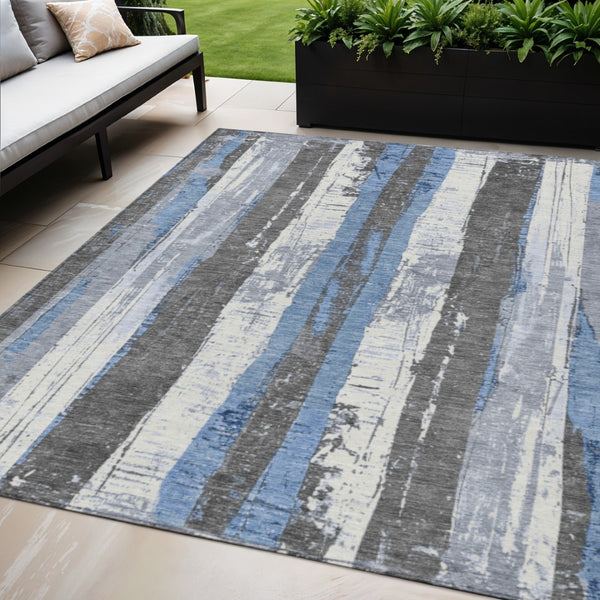 HomeRoots 5' Denim Blue and Gray Striped Washable Area Rug for Indoor and Outdoor Spaces, Durable Design 5' X 8' 623486