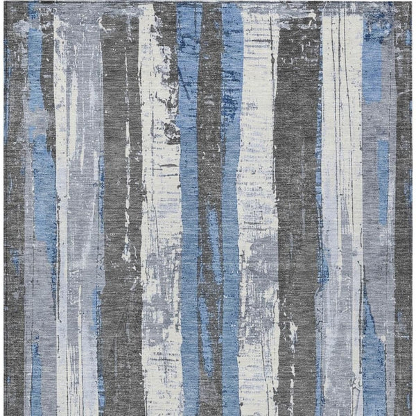 HomeRoots 5' Denim Blue and Gray Striped Washable Area Rug for Indoor and Outdoor Spaces, Durable Design 5' X 8' 623486