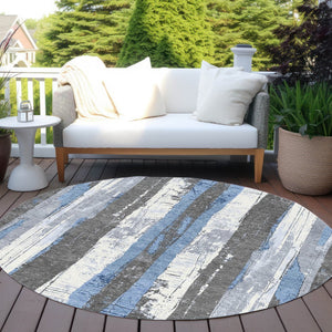 HomeRoots 5' Denim Blue and Gray Striped Washable Area Rug for Indoor and Outdoor Spaces, Durable Design 8' Round 623487