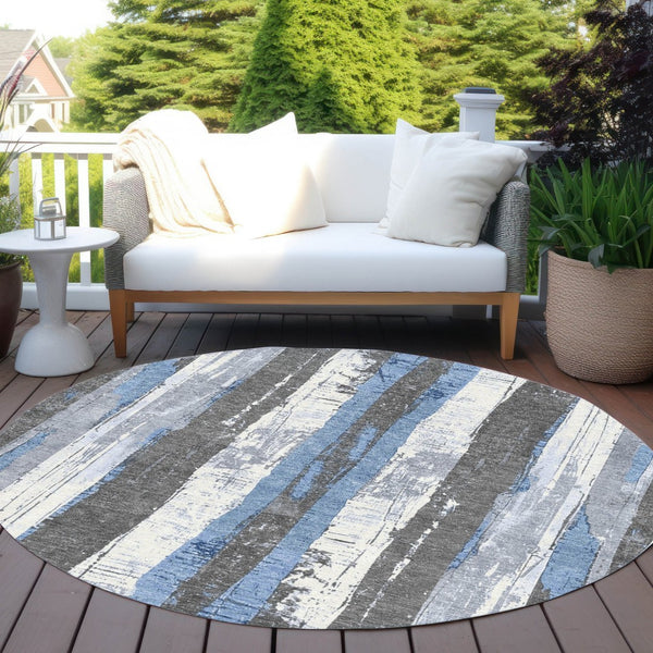 HomeRoots 5' Denim Blue and Gray Striped Washable Area Rug for Indoor and Outdoor Spaces, Durable Design 8' Round 623487