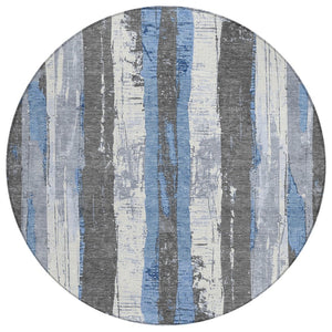 HomeRoots 5' Denim Blue and Gray Striped Washable Area Rug for Indoor and Outdoor Spaces, Durable Design 8' Round 623487