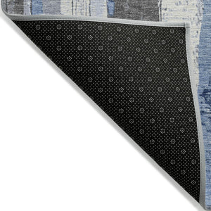HomeRoots 5' Denim Blue and Gray Striped Washable Area Rug for Indoor and Outdoor Spaces, Durable Design 8' Round 623487