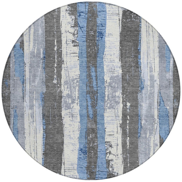 HomeRoots 5' Denim Blue and Gray Striped Washable Area Rug for Indoor and Outdoor Spaces, Durable Design 8' Round 623487