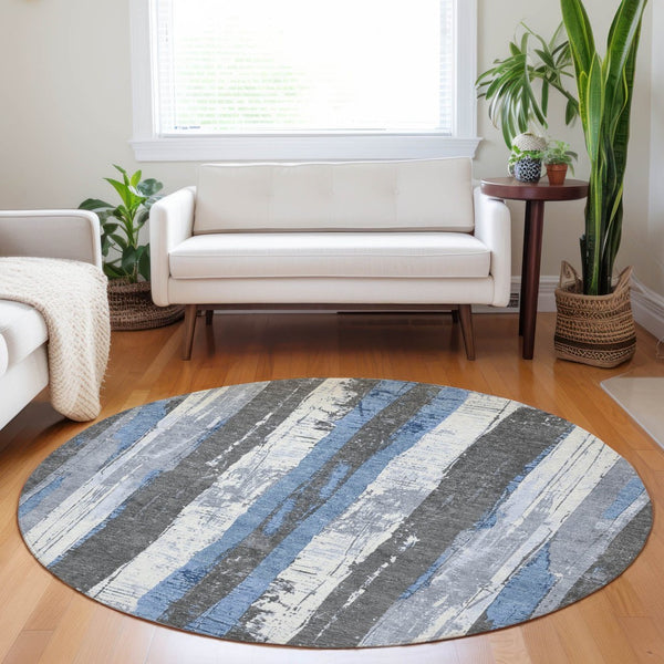 HomeRoots 5' Denim Blue and Gray Striped Washable Area Rug for Indoor and Outdoor Spaces, Durable Design 8' Round 623487