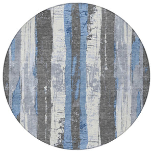 HomeRoots 5' Denim Blue and Gray Striped Washable Area Rug for Indoor and Outdoor Spaces, Durable Design 8' Round 623487