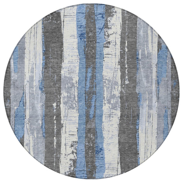 HomeRoots 5' Denim Blue and Gray Striped Washable Area Rug for Indoor and Outdoor Spaces, Durable Design 8' Round 623487