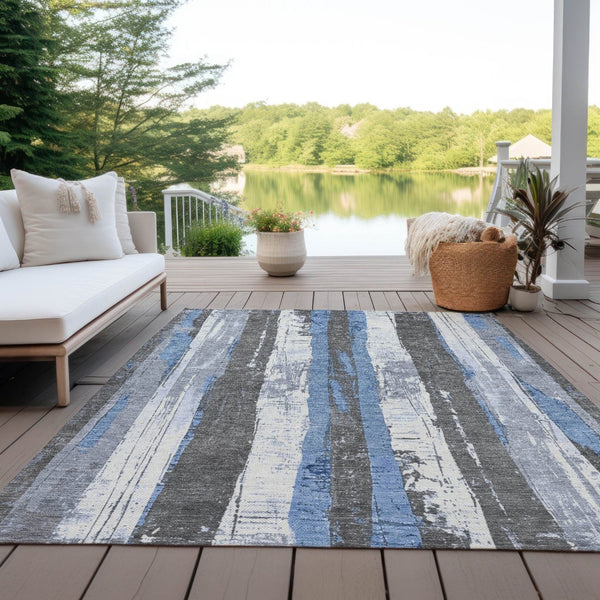 HomeRoots 5' Denim Blue and Gray Striped Washable Area Rug for Indoor and Outdoor Spaces, Durable Design 8' X 10' 623488