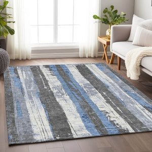 HomeRoots 5' Denim Blue and Gray Striped Washable Area Rug for Indoor and Outdoor Spaces, Durable Design 9' X 12' 623489