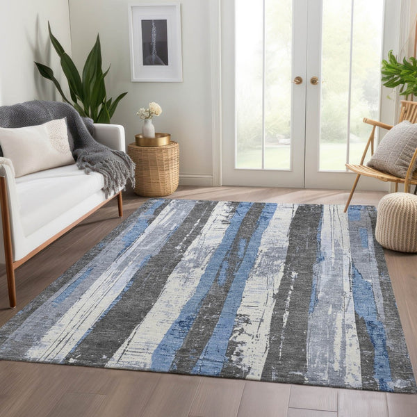 HomeRoots 5' Denim Blue and Gray Striped Washable Area Rug for Indoor and Outdoor Spaces, Durable Design 9' X 12' 623489