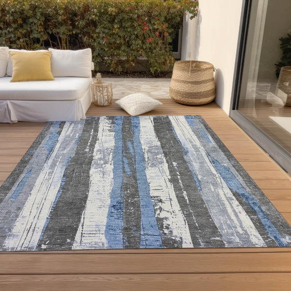 HomeRoots 5' Denim Blue and Gray Striped Washable Area Rug for Indoor and Outdoor Spaces, Durable Design 9' X 12' 623489