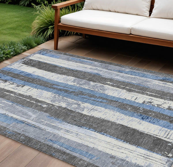 HomeRoots 5' Denim Blue and Gray Striped Washable Area Rug for Indoor and Outdoor Spaces, Durable Design 10' X 14' 623490