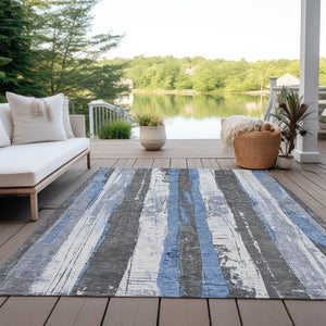 HomeRoots 5' Denim Blue and Gray Striped Washable Area Rug for Indoor and Outdoor Spaces, Durable Design 10' X 14' 623490