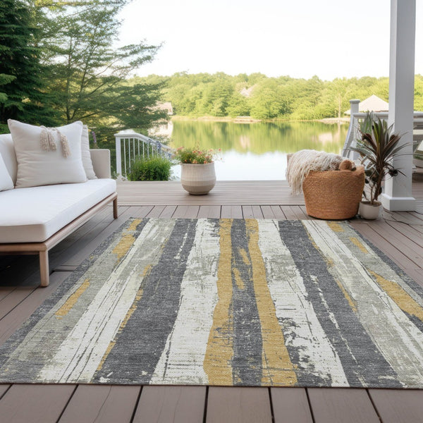 HomeRoots 5' Stylish Gold and Gray Striped Washable Area Rug for Indoor and Outdoor Spaces – Durable Design! 5' X 8' 623492