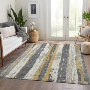HomeRoots 5' Stylish Gold and Gray Striped Washable Area Rug for Indoor and Outdoor Spaces – Durable Design! 5' X 8' 623492