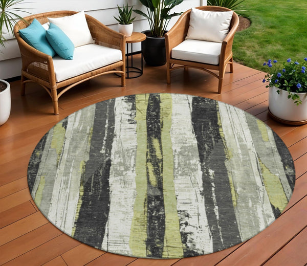 HomeRoots 5' Stylish Gold and Gray Striped Washable Area Rug for Indoor and Outdoor Spaces – Durable Design! 8' Round 623493