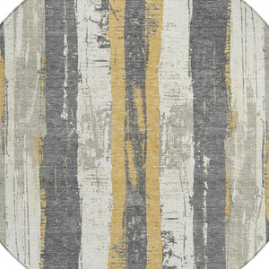 HomeRoots 5' Stylish Gold and Gray Striped Washable Area Rug for Indoor and Outdoor Spaces – Durable Design! 8' Round 623493