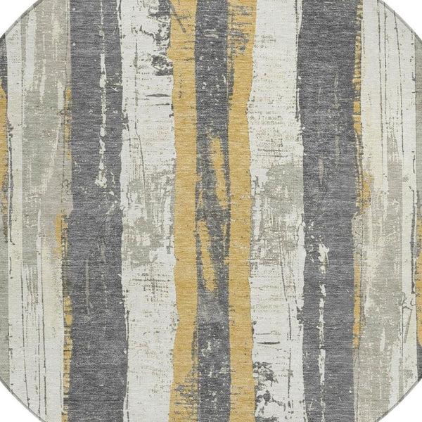 HomeRoots 5' Stylish Gold and Gray Striped Washable Area Rug for Indoor and Outdoor Spaces – Durable Design! 8' Round 623493