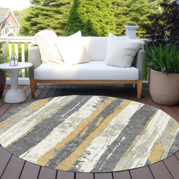 HomeRoots 5' Stylish Gold and Gray Striped Washable Area Rug for Indoor and Outdoor Spaces – Durable Design! 8' Round 623493