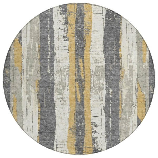 HomeRoots 5' Stylish Gold and Gray Striped Washable Area Rug for Indoor and Outdoor Spaces – Durable Design! 8' Round 623493