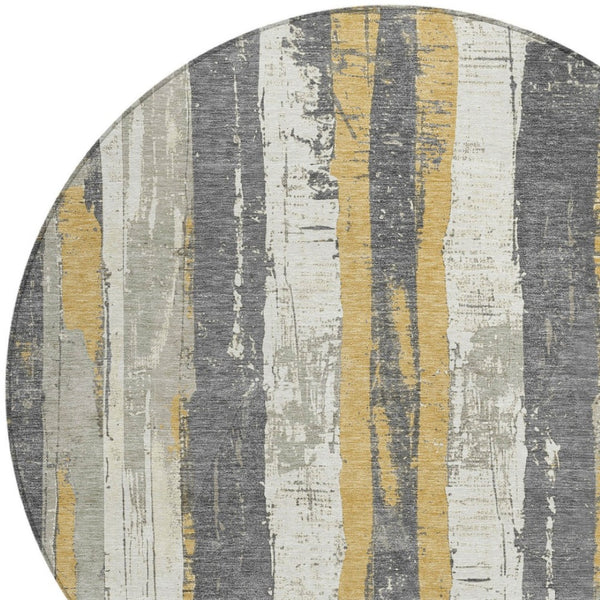 HomeRoots 5' Stylish Gold and Gray Striped Washable Area Rug for Indoor and Outdoor Spaces – Durable Design! 8' Round 623493