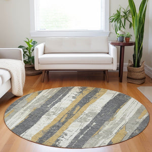 HomeRoots 5' Stylish Gold and Gray Striped Washable Area Rug for Indoor and Outdoor Spaces – Durable Design! 8' Round 623493