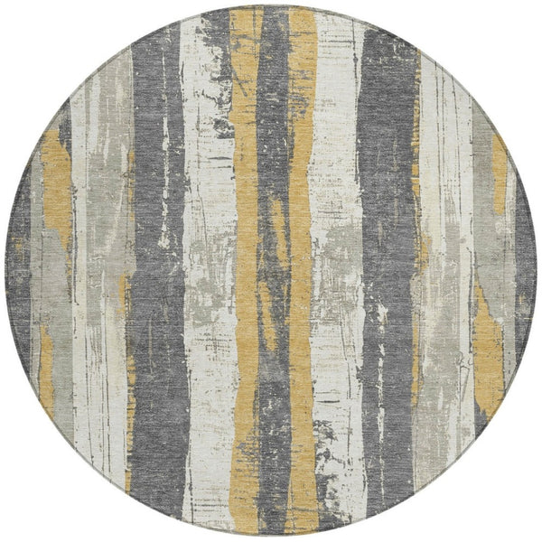HomeRoots 5' Stylish Gold and Gray Striped Washable Area Rug for Indoor and Outdoor Spaces – Durable Design! 8' Round 623493