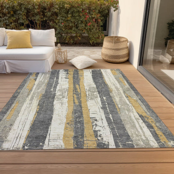 HomeRoots 5' Stylish Gold and Gray Striped Washable Area Rug for Indoor and Outdoor Spaces – Durable Design! 8' X 10' 623494