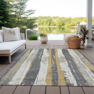 HomeRoots 5' Stylish Gold and Gray Striped Washable Area Rug for Indoor and Outdoor Spaces – Durable Design! 9' X 12' 623495
