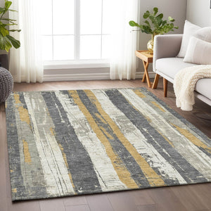 HomeRoots 5' Stylish Gold and Gray Striped Washable Area Rug for Indoor and Outdoor Spaces – Durable Design! 9' X 12' 623495