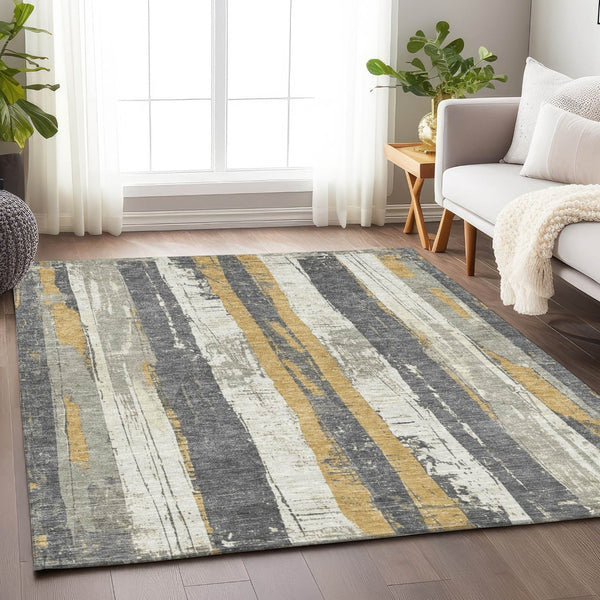 HomeRoots 5' Stylish Gold and Gray Striped Washable Area Rug for Indoor and Outdoor Spaces – Durable Design! 9' X 12' 623495