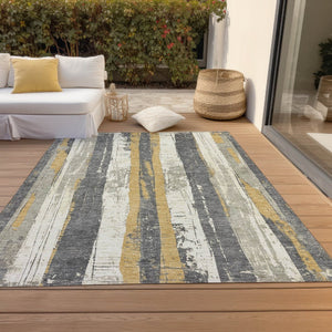 HomeRoots 5' Stylish Gold and Gray Striped Washable Area Rug for Indoor and Outdoor Spaces – Durable Design! 9' X 12' 623495