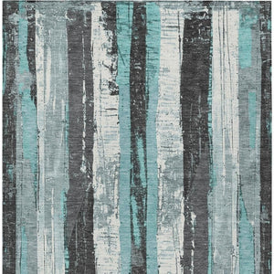 HomeRoots 5' Stylish Teal Blue and Gray Striped Washable Indoor Outdoor Area Rug for Versatile Spaces 5' X 8' 623498