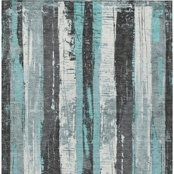 HomeRoots 5' Stylish Teal Blue and Gray Striped Washable Indoor Outdoor Area Rug for Versatile Spaces 5' X 8' 623498