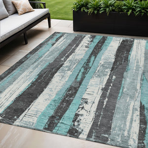 HomeRoots 5' Stylish Teal Blue and Gray Striped Washable Indoor Outdoor Area Rug for Versatile Spaces 5' X 8' 623498