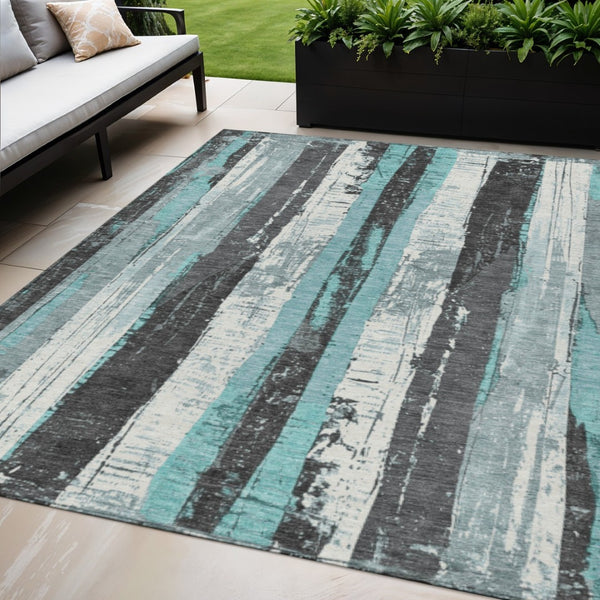 HomeRoots 5' Stylish Teal Blue and Gray Striped Washable Indoor Outdoor Area Rug for Versatile Spaces 5' X 8' 623498