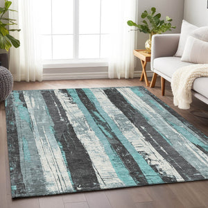 HomeRoots 5' Stylish Teal Blue and Gray Striped Washable Indoor Outdoor Area Rug for Versatile Spaces 5' X 8' 623498