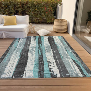 HomeRoots 5' Stylish Teal Blue and Gray Striped Washable Indoor Outdoor Area Rug for Versatile Spaces 5' X 8' 623498
