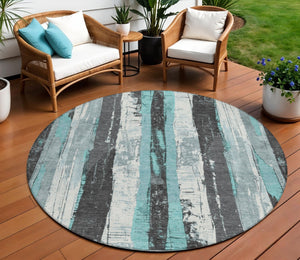 HomeRoots 5' Stylish Teal Blue and Gray Striped Washable Indoor Outdoor Area Rug for Versatile Spaces 8' Round 623499