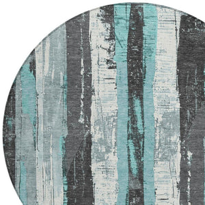 HomeRoots 5' Stylish Teal Blue and Gray Striped Washable Indoor Outdoor Area Rug for Versatile Spaces 8' Round 623499