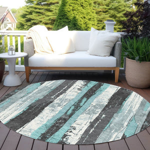 HomeRoots 5' Stylish Teal Blue and Gray Striped Washable Indoor Outdoor Area Rug for Versatile Spaces 8' Round 623499