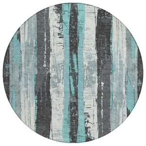 HomeRoots 5' Stylish Teal Blue and Gray Striped Washable Indoor Outdoor Area Rug for Versatile Spaces 8' Round 623499