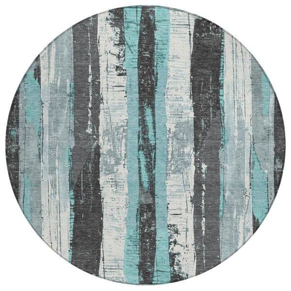 HomeRoots 5' Stylish Teal Blue and Gray Striped Washable Indoor Outdoor Area Rug for Versatile Spaces 8' Round 623499