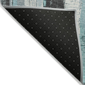 HomeRoots 5' Stylish Teal Blue and Gray Striped Washable Indoor Outdoor Area Rug for Versatile Spaces 8' Round 623499