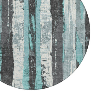 HomeRoots 5' Stylish Teal Blue and Gray Striped Washable Indoor Outdoor Area Rug for Versatile Spaces 8' Round 623499