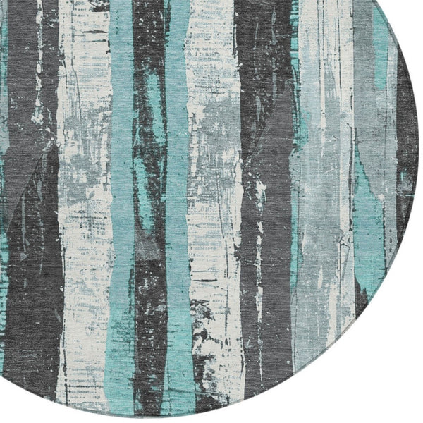 HomeRoots 5' Stylish Teal Blue and Gray Striped Washable Indoor Outdoor Area Rug for Versatile Spaces 8' Round 623499